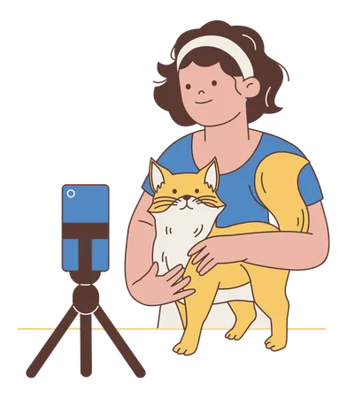 猫のイラストを使って動画ブログを投稿する女性  イラスト
