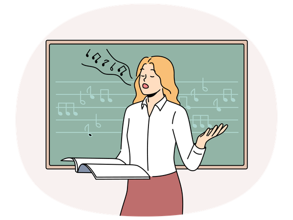 Woman vocalist sings standing near blackboard with notes and helping students develop voice  Illustration