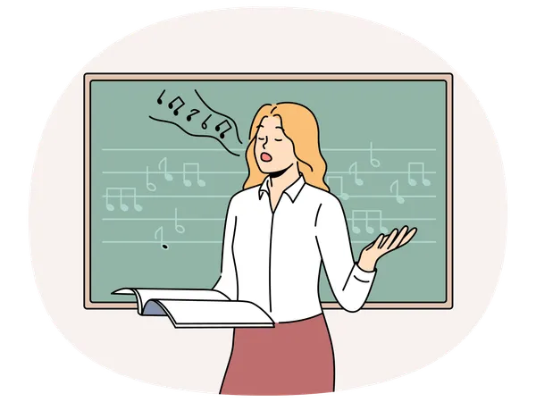 Woman vocalist sings standing near blackboard with notes and helping students develop voice  Illustration