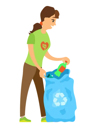 Woman volunteer collecting trash  Illustration