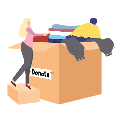 Woman Volunteer Donating Clothes into a Large Donation Box  Illustration