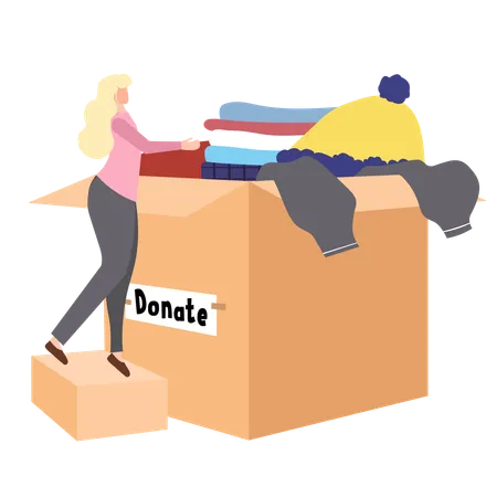 Woman Volunteer Donating Clothes into a Large Donation Box  Illustration