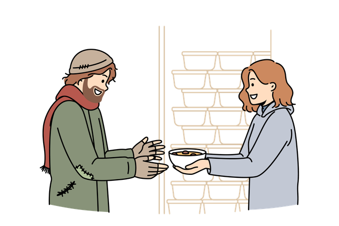 Woman volunteer feeds homeless man who came to shelter for help and hot meals  Illustration