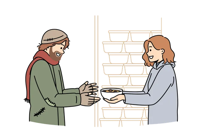 Woman volunteer feeds homeless man who came to shelter for help and hot meals  Illustration