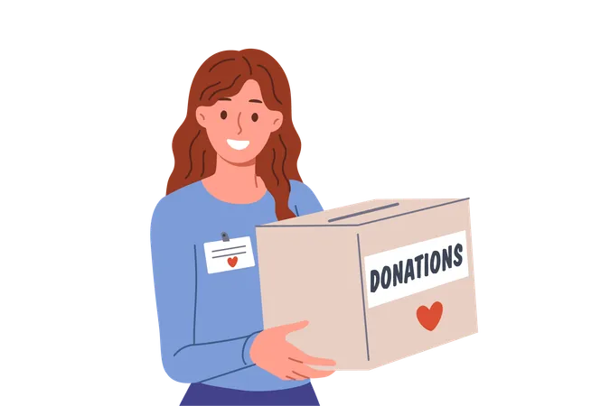 Woman Volunteer Holds Donations Box To Collect Money For People Who Have Lost Jobs Or Become Homeless Volunteer Girl Looks At Screen With Smile Offering To Donate Savings To New Charity Foundation Illustration