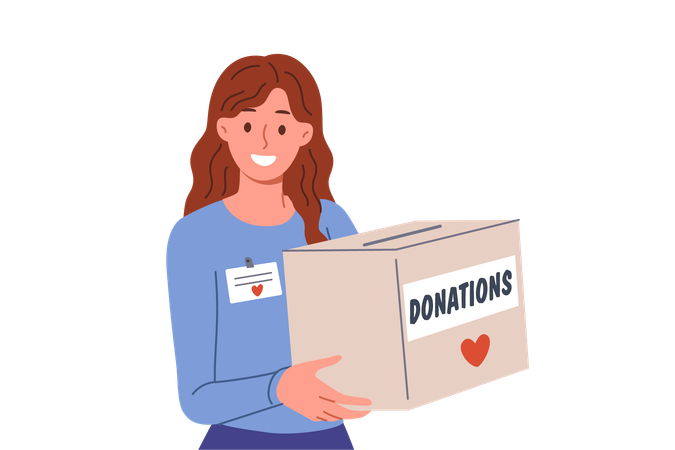 Woman volunteer holds donations box collect money for people who have lost jobs or become homeless  Illustration