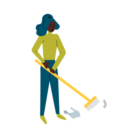 Woman volunteer sweeping trash  Illustration