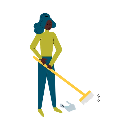 Woman volunteer sweeping trash  Illustration