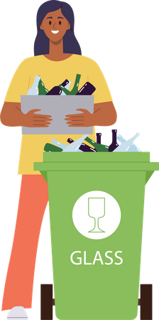 Woman volunteer throwing out glass bottle preparing waste for recycling  Illustration
