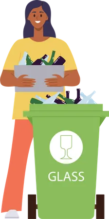 Young Woman Activist Cartoon Female Volunteer Character Throwing Out Glass Bottle Preparing Waste For Recycling Vector Illustration Sustainable Garbage Conversion To Reduce Environmental Pollution Illustration