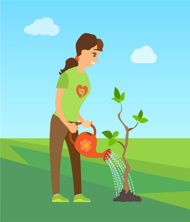 Woman volunteer watering plant  Illustration