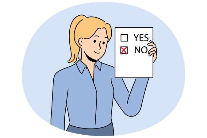 Woman voter demonstrates ballot for presidential elections with chosen answer no  Illustration
