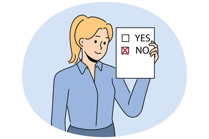 Woman voter demonstrates ballot for presidential elections with chosen answer no  Illustration