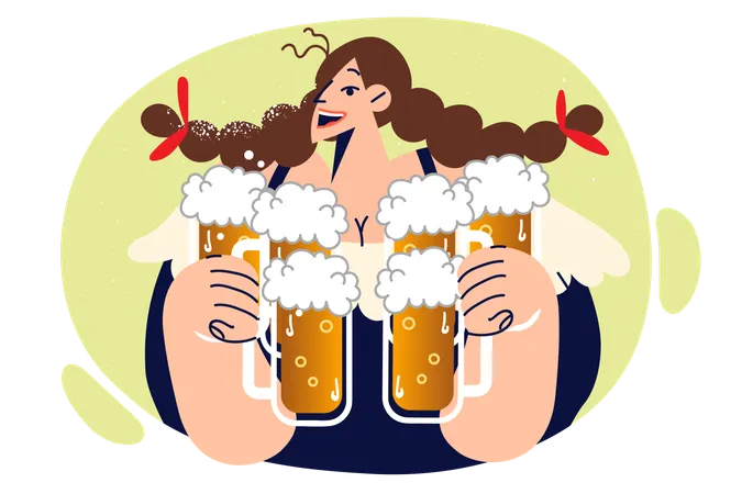 Woman Waiter Carries Mugs Filled With Foaming Beer And Smiles Inviting Guests To New Bar Or Tavern Cheerful Girl Offers To Taste Refreshing Beer Or Ale Made From Natural Hops And Malt Illustration