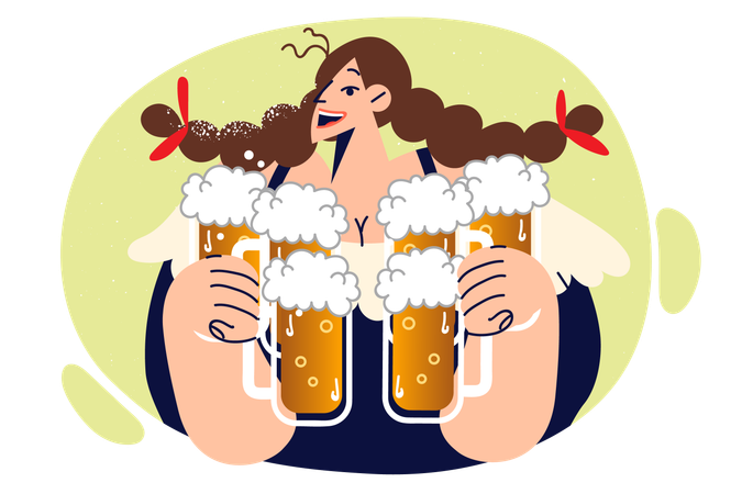 Woman waiter carries mugs filled with foaming beer  Illustration