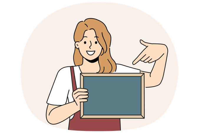 Woman waiter holding chalkboard with copy space for drawing menu cafe or restaurant  Illustration
