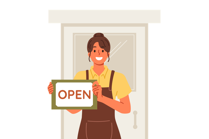 Woman waiter showing inscription open standing near door of restaurant and inviting to become visitor  Illustration