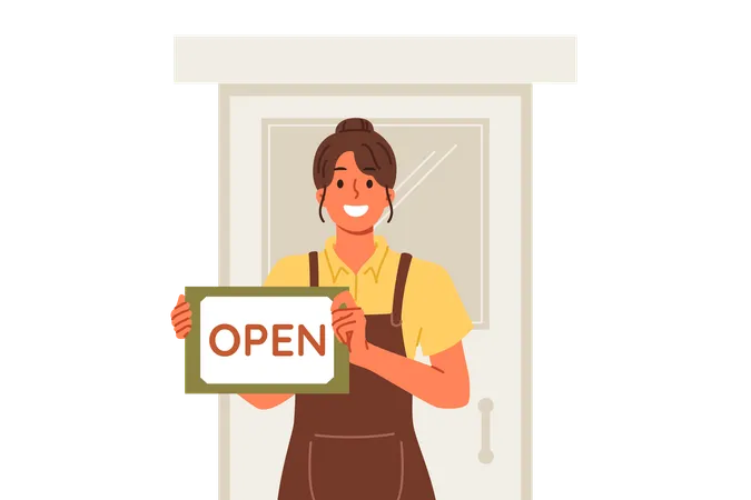 Woman waiter showing inscription open standing near door of restaurant and inviting to become visitor  Illustration