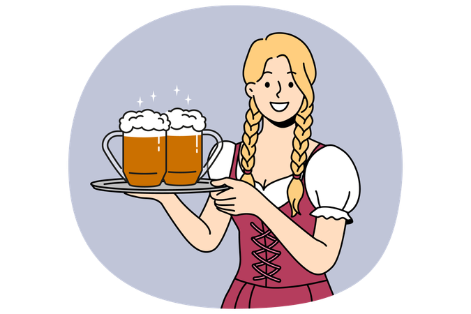 Woman waiter with beer on tray smiles, inviting to visit bavarian festival to try alcoholic drinks  Illustration