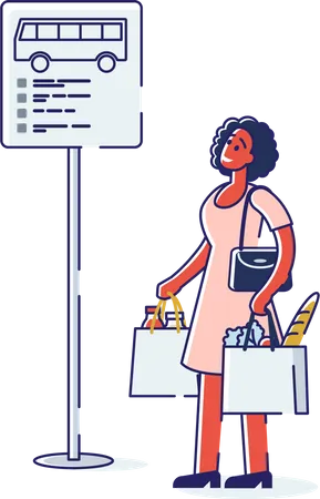 Woman waiting at bus stop  Illustration