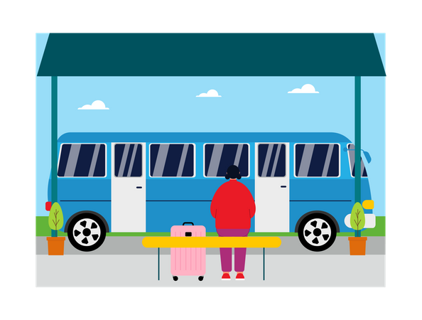 Woman waiting for bus at bus stop  Illustration