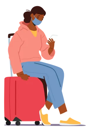 Smiling Young Female Character In Mask Sitting On Luggage Holding Smartphone In Hands Waiting Departure In Airport During Covid Woman Passenger On Summer Vacation Trip Cartoon Vector Illustration Illustration