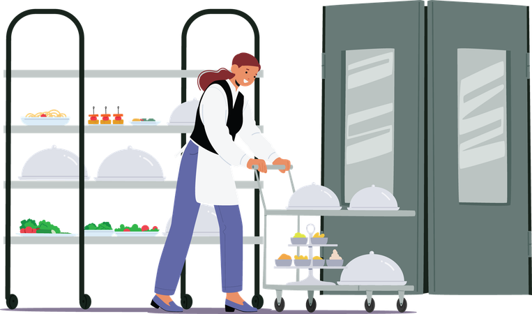 Woman waitress in uniform pushing trolley cart with freshly cooked served dishes  Illustration