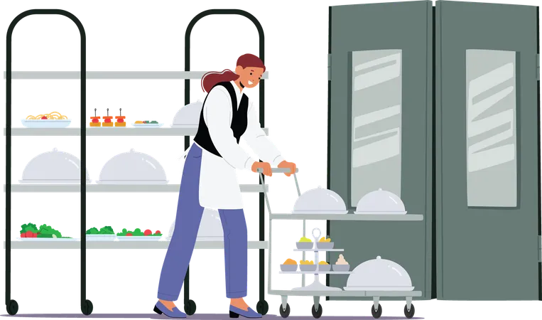 Woman waitress in uniform pushing trolley cart with freshly cooked served dishes  Illustration