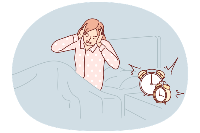 Woman wakes up with difficulty early in morning sitting in bed near bedside table with alarm clock  Illustration