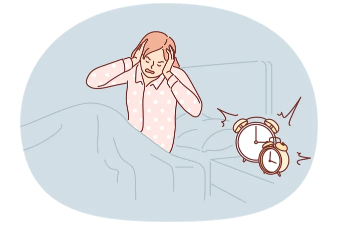 Woman wakes up with difficulty early in morning sitting in bed near bedside table with alarm clock  Illustration