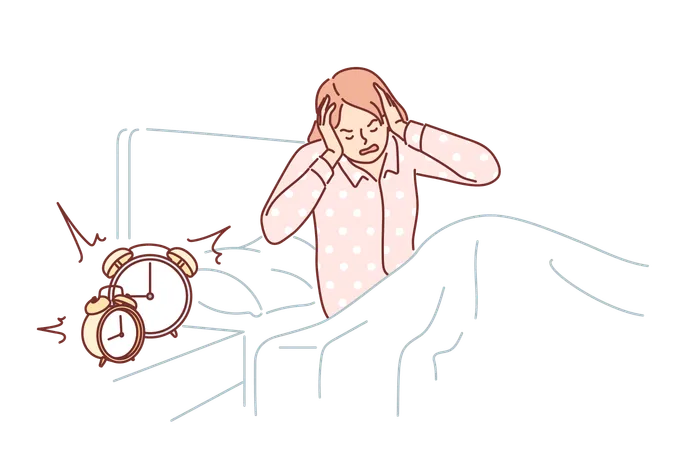 Woman wakes up with the sound of alarm clock  Illustration