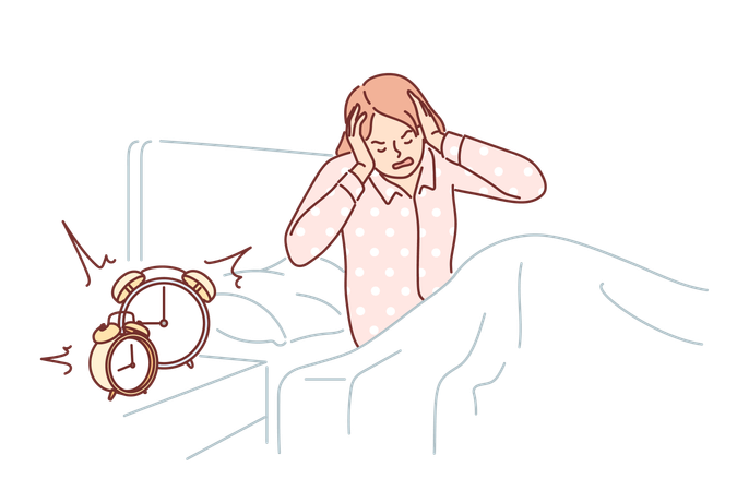 Woman wakes up with the sound of alarm clock  Illustration