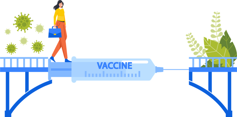 Woman Walk on Bridge with Covid Vaccine Solution  Illustration