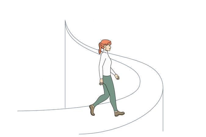 Woman walk up elevated long bridge  Illustration