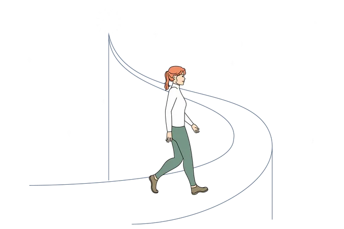Woman walk up elevated long bridge  Illustration
