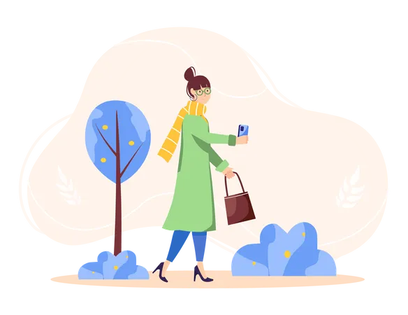 Woman walk while using phone during winter Illustration
