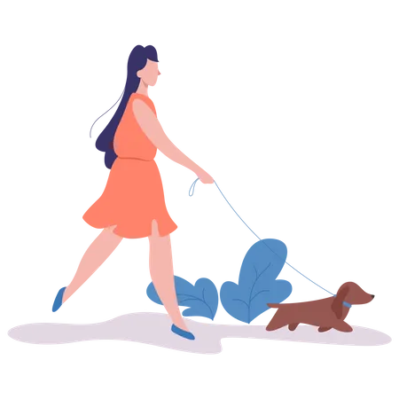 Womany Walk With A Dog Happy Girl And Pet Spend Time Together Friendship Between Animal And Human Isolated Illustration In Cartoon Style Illustration