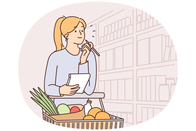 Woman walking around supermarket with cart filled with vegetables and holds checklist in hands  Illustration