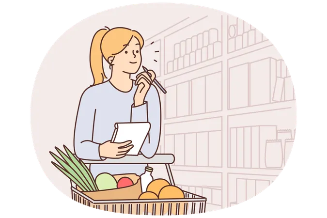 Woman walking around supermarket with cart filled with vegetables and holds checklist in hands  Illustration