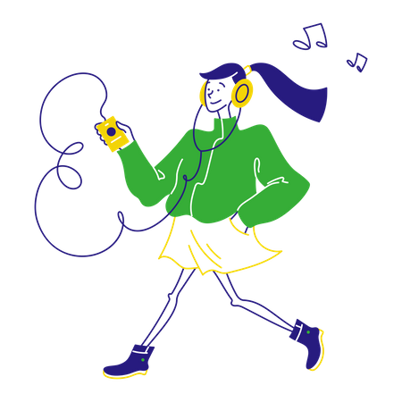 Woman walking around with a music player  Illustration