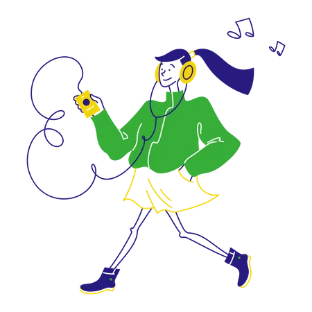 Woman walking around with a music player  Illustration