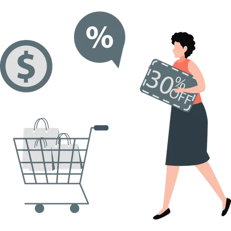 Woman walking behind shopping trolley  Illustration