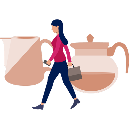 Woman walking beside tea kittle  Illustration