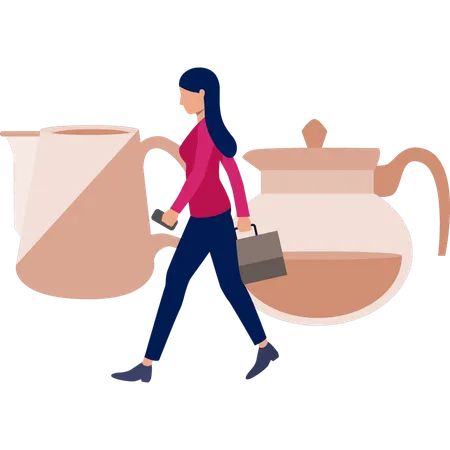 Woman walking beside tea kittle  Illustration