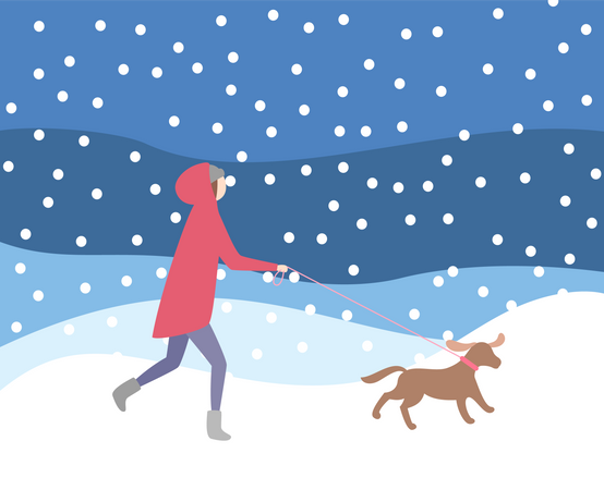 Woman Walking Dog in Snowfall Wintertime  Illustration