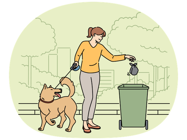 犬の散歩をしている女性が子犬の糞の入った袋をゴミ箱に捨てる  イラスト