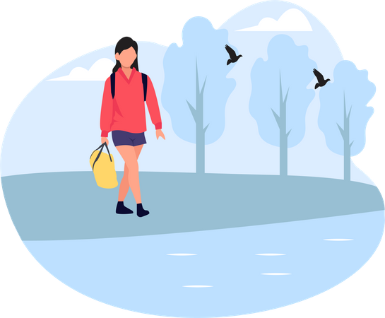 Woman walking in forest  Illustration