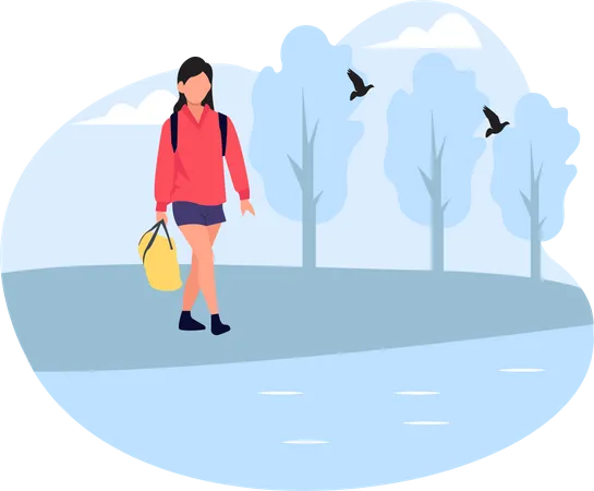 Woman walking in forest  Illustration
