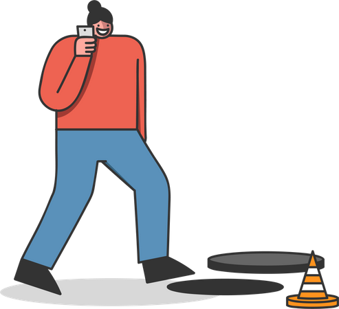 Woman walking in open manhole while talking on mobile phone  Illustration