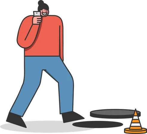 Woman walking in open manhole while talking on mobile phone  Illustration